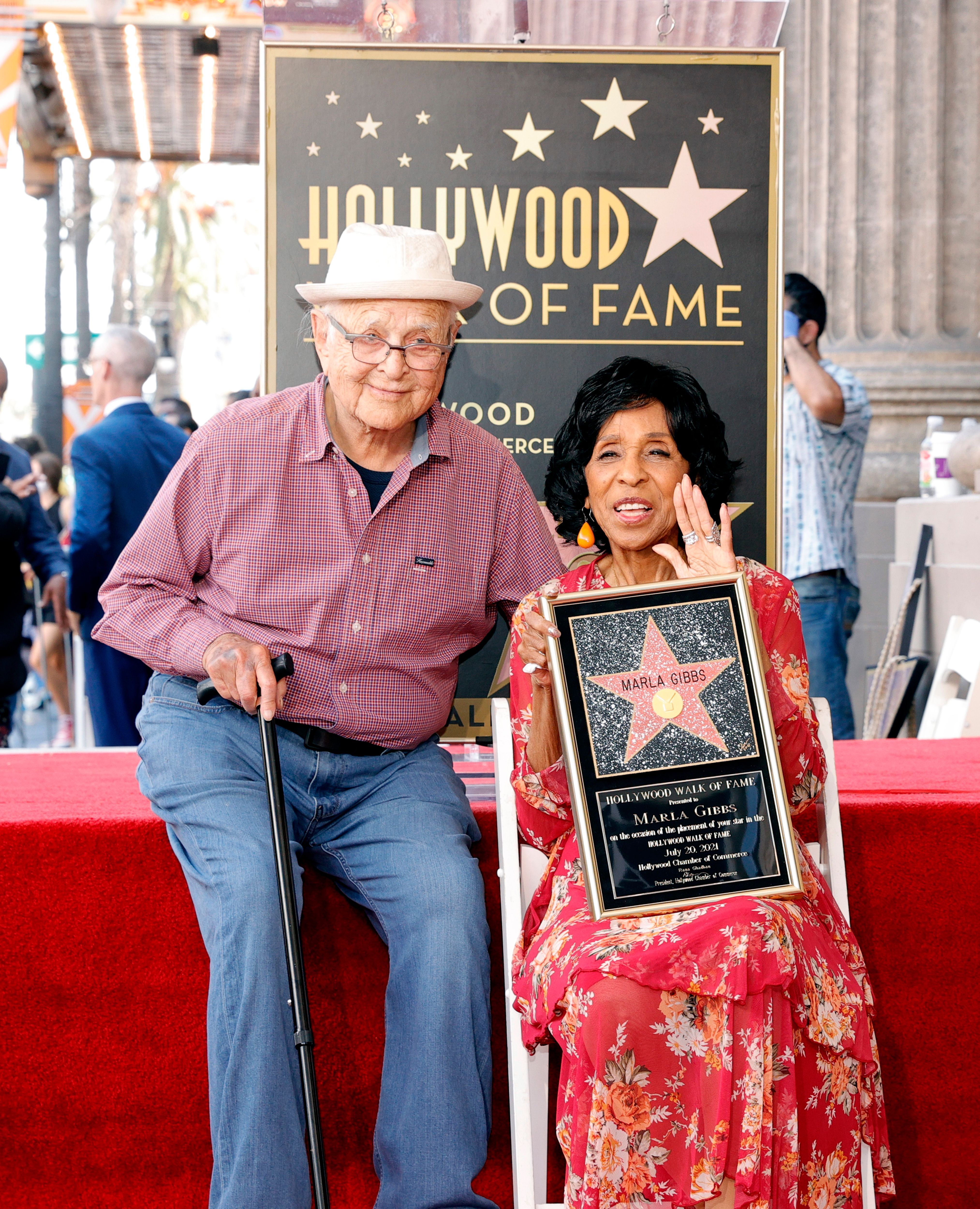 (L-R) Norman Lear and Marla Gibbs attend the Hollywood Walk of Fame Star Ceremony honoring Marla Gibbs on July 20, 2021, in Hollywood, Calif.