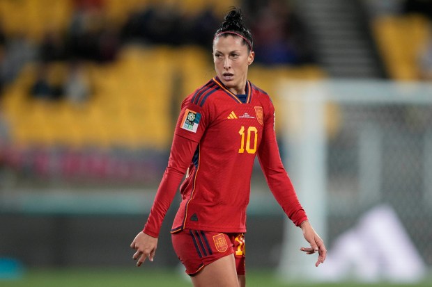 Spain's Jennifer Hermoso reacts after missing a scoring chance during the Women's World Cup Group C soccer match between Japan and Spain in Wellington, New Zealand, Monday, July 31, 2023.