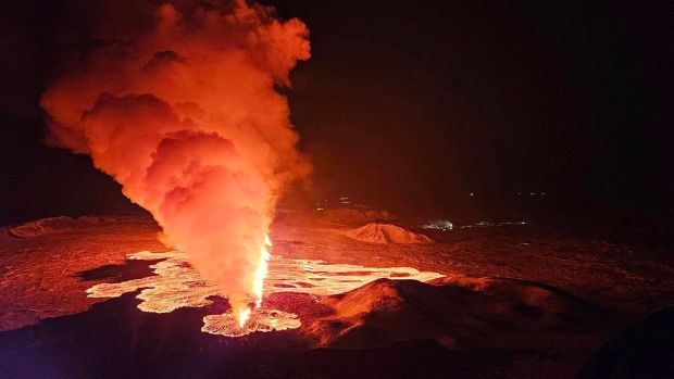 Aerial view of the volcano erupting, north of Grindavík, Iceland, Thursday, Feb. 8, 2024. Iceland's Meteorological Office says a volcano is erupting in the southwestern part of the country, north of a nearby settlement. The eruption of the Sylingarfell volcano began at 6 a.m. local time on Thursday, soon after an intense burst of seismic activity. (Almannavarnir via AP)