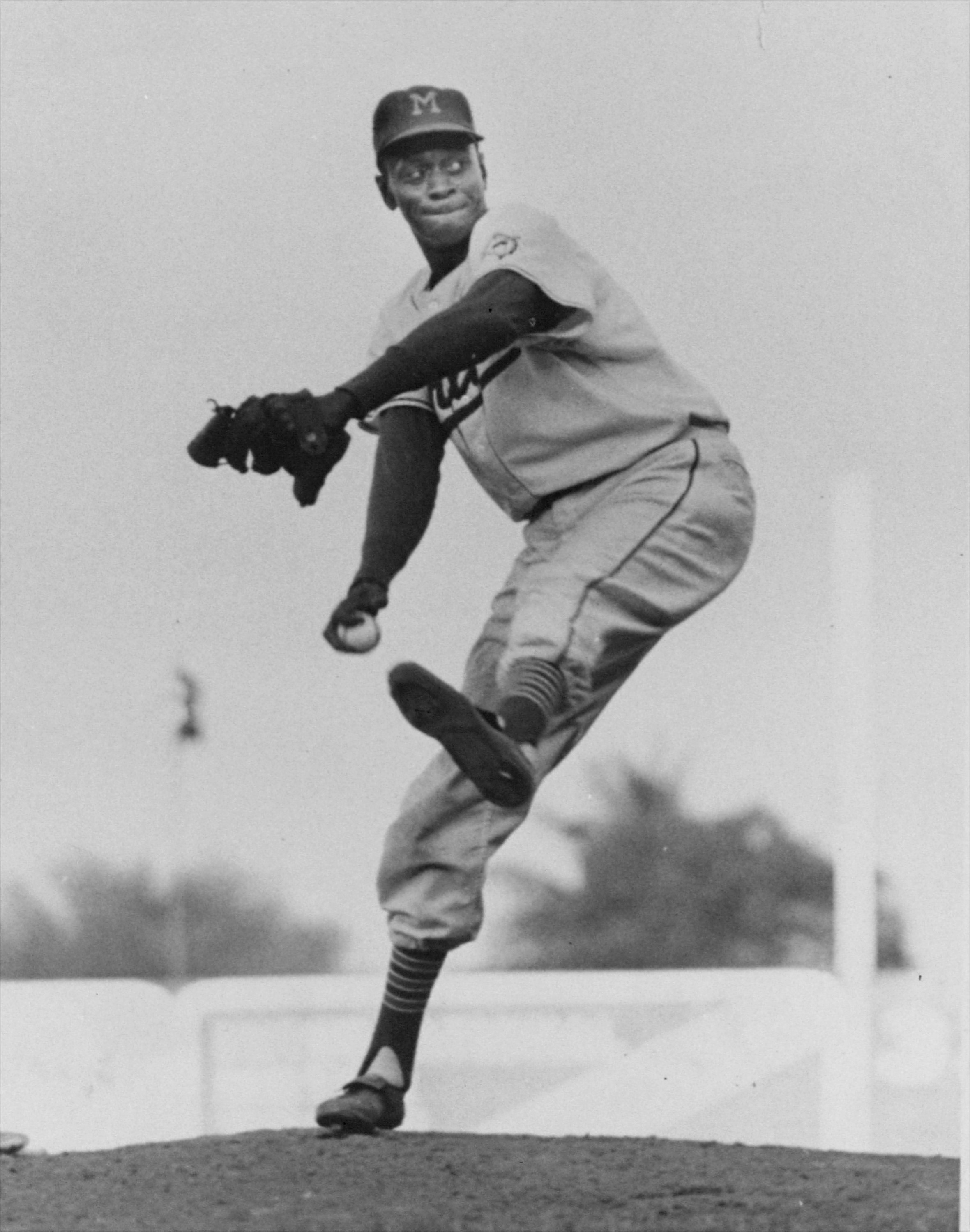Paige briefly played for the Miami Marlins during his career. Here, Paige winds up for the pitch against the Montreal Royals in the second game of the doubleheader on April 29, 1956, in Miami. Paige stayed for seven innings and held the Royals to four hits and no runs. The Marlins took the first game 8-4 and the second 3-0.
