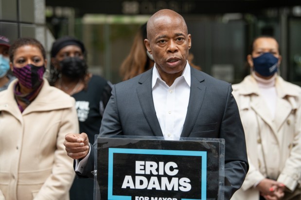 New York City mayoral candidate Eric Adams speaks outside the ATF field office Thursday morning April 29, 2021 in lower Manhattan, News York. (Barry Williams)