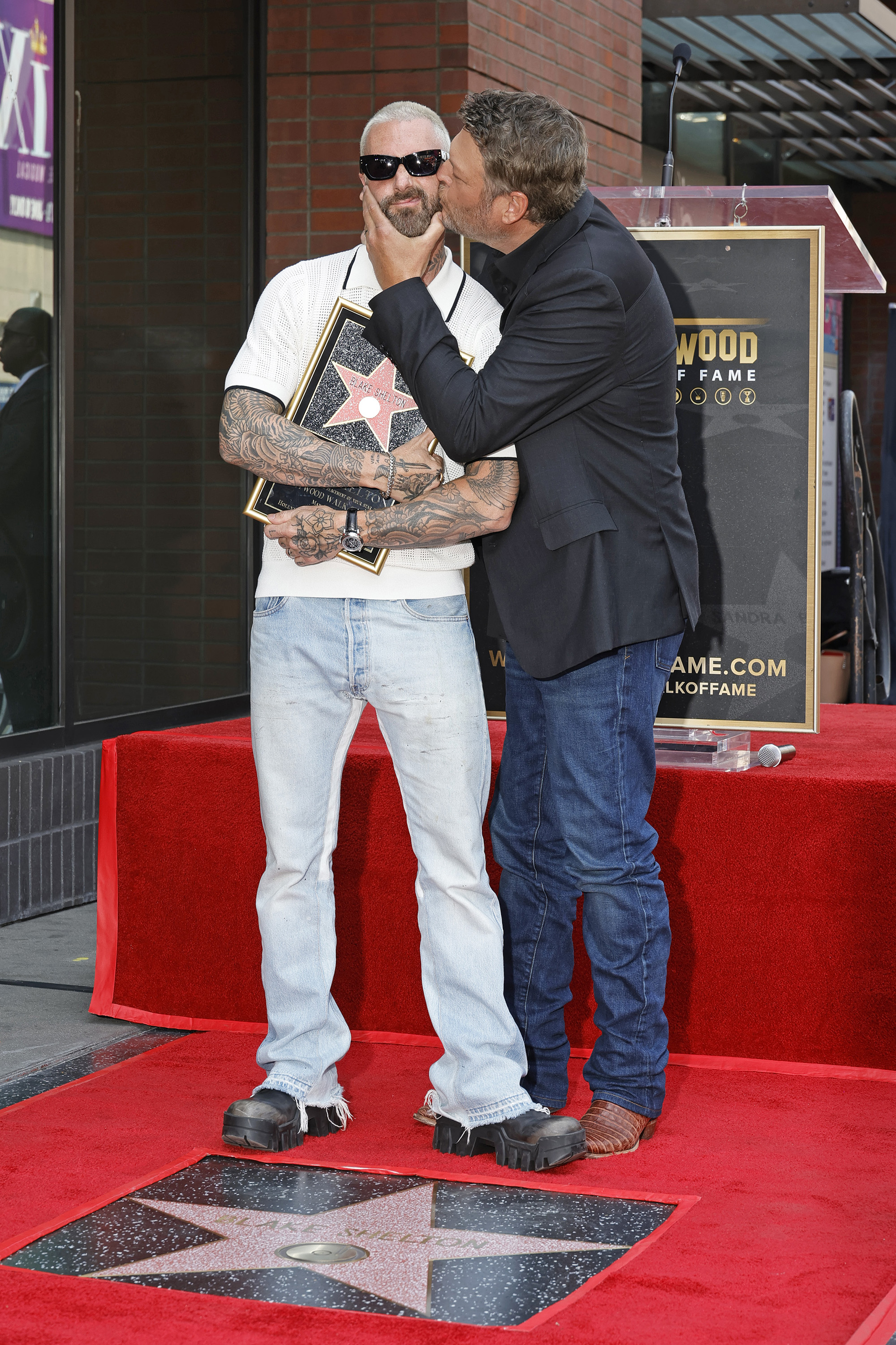 (L-R) Adam Levine and Blake Shelton attend Blake Shelton's Star Ceremony on The Hollywood Walk Of Fame on May 12, 2023, in Hollywood, Calif.