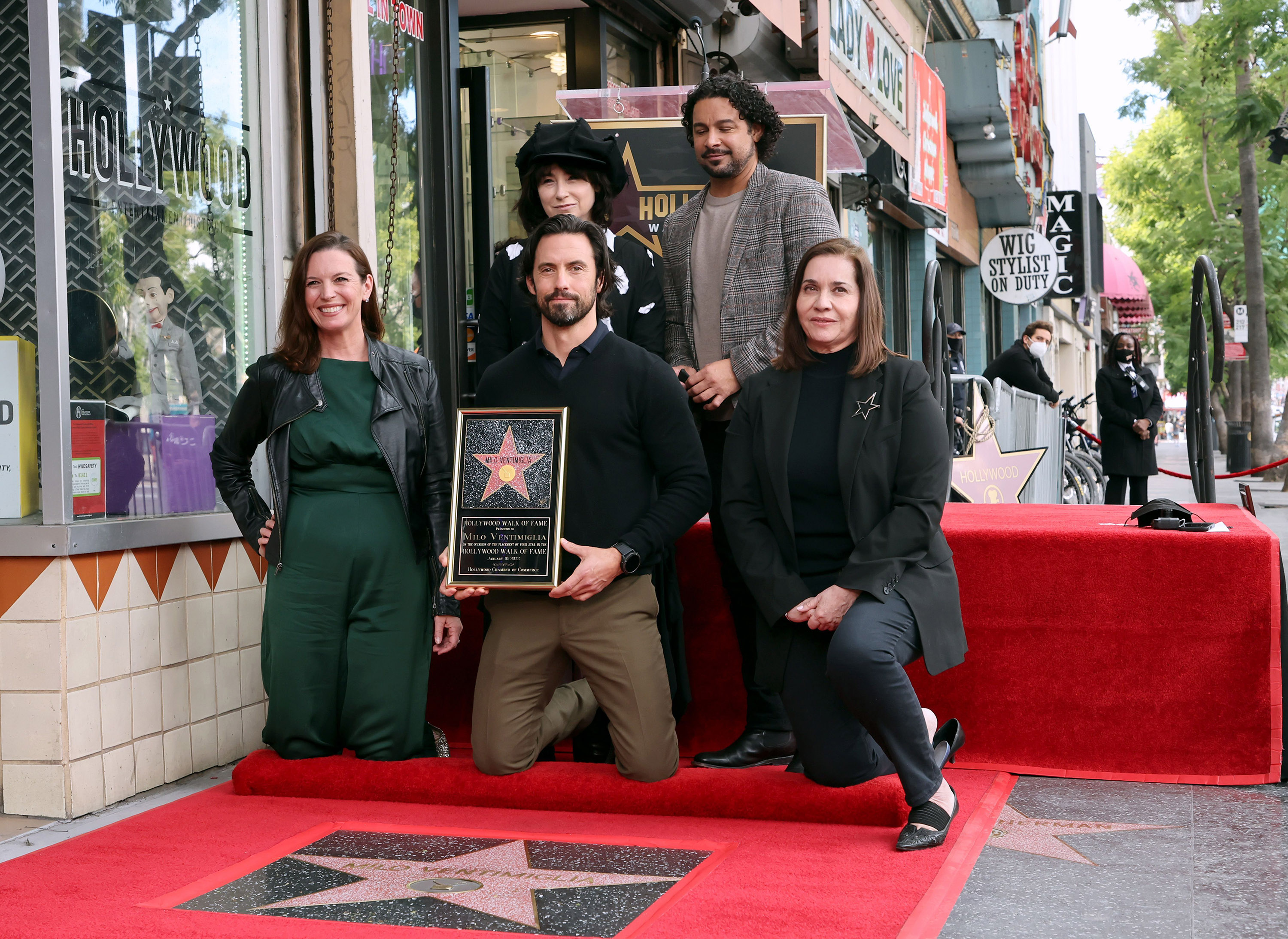 Nicole Mihalka, Chair of the Hollywood Chamber of Commerce, Amy Sherman-Palladino, Milo Ventimiglia, Jon Huertas, and Hollywood Walk of Fame Producer Ana Martinez attend the Hollywood Walk of Fame Star Ceremony for Milo Ventimiglia on Jan. 10, 2022, in Hollywood, Calif.
