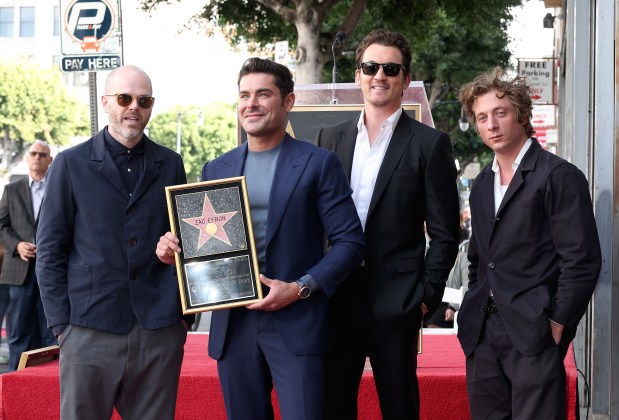 HOLLYWOOD, CALIFORNIA - DECEMBER 11: (L-R) Sean Durkin, Zac Efron, Miles Teller and Jeremy Allen White attend the Hollywood Walk of Fame Star Ceremony Honoring Zac Efron on December 11, 2023 in Hollywood, California. (Photo by Leon Bennett/Getty Images)