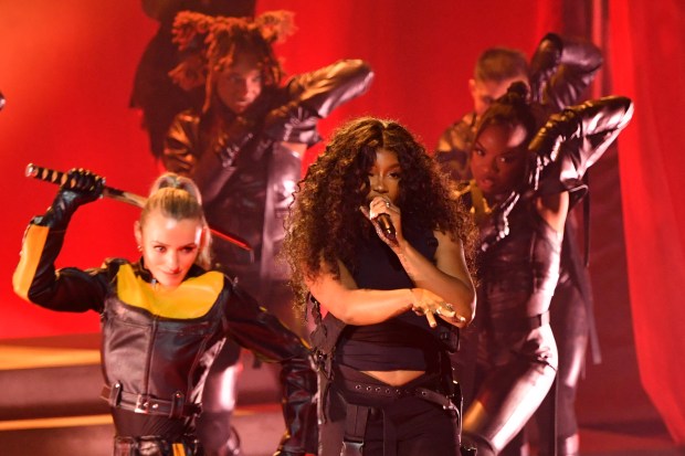 US singer SZA performs on stage during the 66th Annual Grammy Awards at the Crypto.com Arena in Los Angeles on February 4, 2024. (Photo by Valerie Macon / AFP) (Photo by VALERIE MACON/AFP via Getty Images)