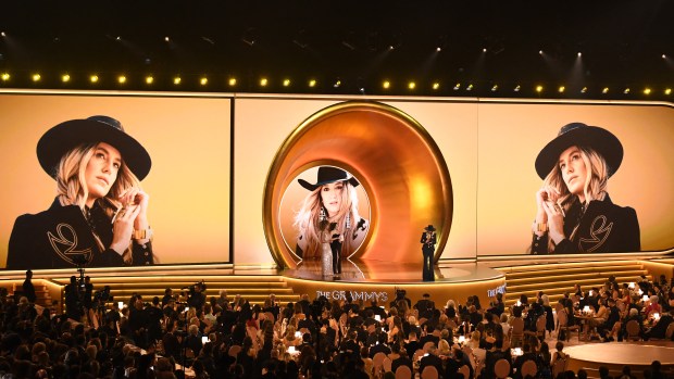 US singer-songwriter Lainey Wilson accepts the Best Country Album award for "Bell Bottom Country" on stage during the 66th Annual Grammy Awards at the Crypto.com Arena in Los Angeles on February 4, 2024. (Photo by VALERIE MACON / AFP) (Photo by VALERIE MACON/AFP via Getty Images)
