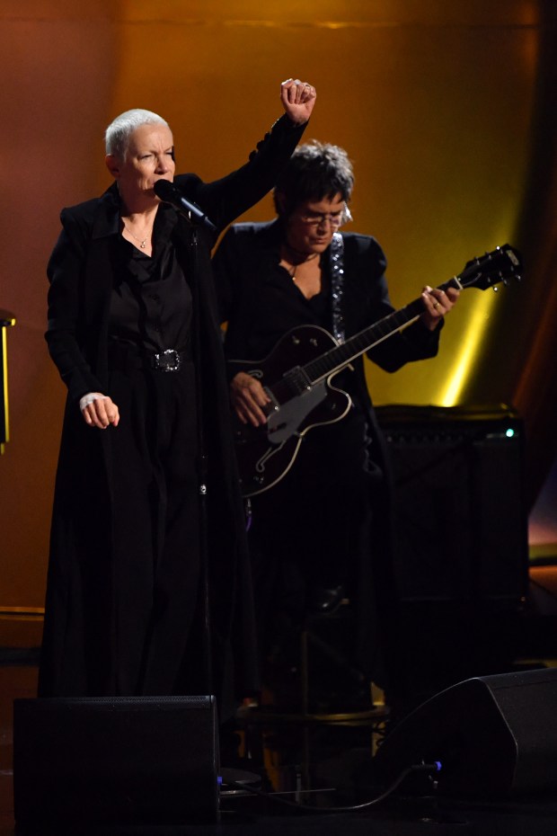 Scottish singer-songwriter Annie Lennox (L) performs on stage during the 66th Annual Grammy Awards at the Crypto.com Arena in Los Angeles on February 4, 2024. (Photo by Valerie Macon / AFP) (Photo by VALERIE MACON/AFP via Getty Images)