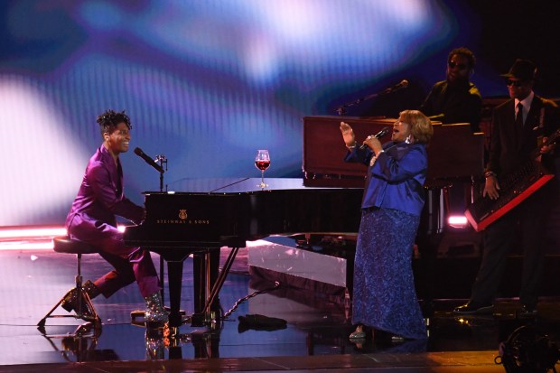 US singer Jon Batiste (L) and US singer Ann Nesby perform on stage during the 66th Annual Grammy Awards at the Crypto.com Arena in Los Angeles on February 4, 2024. (Photo by VALERIE MACON / AFP) (Photo by VALERIE MACON/AFP via Getty Images)