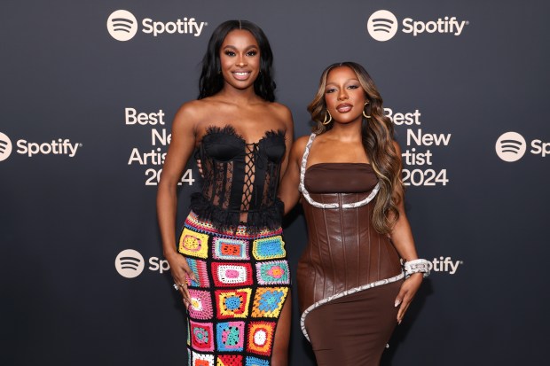 Coco Jones, left, and Victoria Monét attend Spotify's 2024 Best New Artist Party at Paramount Studios on Feb. 1, 2024, in Los Angeles, Calif. (Phillip Faraone/Getty Images for Spotify)