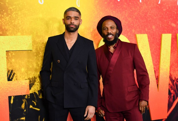 British actor Kingsley Ben-Adir (L) and Jamaican musician Ziggy Marley arrive for the premiere of "Bob Marley: One Love" at the Regency Village Theater in Los Angeles, California on February 6, 2024. (Photo by VALERIE MACON / AFP) (Photo by VALERIE MACON/AFP via Getty Images)