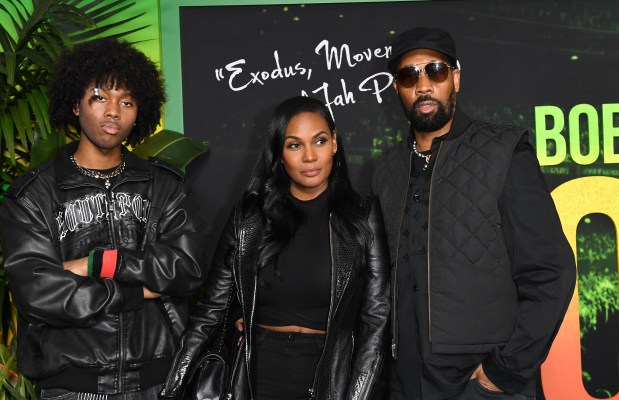 US actress Talani Rabb (C) and husband US rapper and actor RZA arrive for the premiere of "Bob Marley: One Love" at the Regency Village Theater in Los Angeles, California on February 6, 2024. (Photo by VALERIE MACON / AFP) (Photo by VALERIE MACON/AFP via Getty Images)