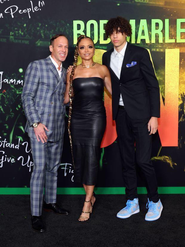 LOS ANGELES, CALIFORNIA - FEBRUARY 06: (L-R) Eric Aten, Sundra Oakley and Carsun attend Paramount Pictures' "Bob Marley: One Love" premiere at Regency Village Theatre on February 06, 2024 in Los Angeles, California. (Photo by Leon Bennett/Getty Images)