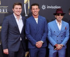 From left to right, Max DeVito, Tommy DeVito and Sean Stellato attend the 13th annual NFL Honors at Resorts World Theatre on Feb. 8, 2024, in Las Vegas, Nev. (Ethan Miller/Getty Images)