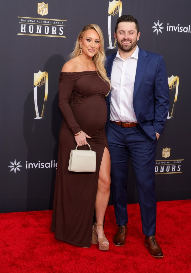Emily Wilkinson and Baker Mayfield attend the 13th annual NFL Honors at Resorts World Theatre on Feb. 8, 2024, in Las Vegas, Nev. (Ethan Miller/Getty Images)