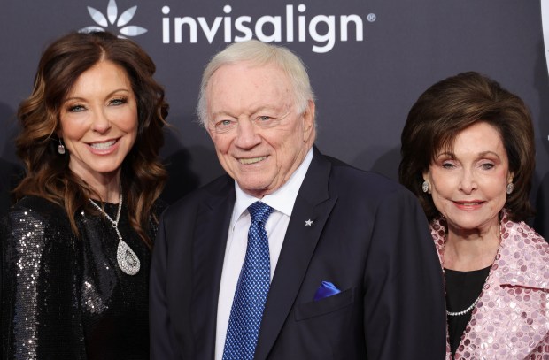 From left to right, Charlotte Jones Anderson, Jerry Jones and Eugenia Jones attend the 13th annual NFL Honors at Resorts World Theatre on Feb. 8, 2024, in Las Vegas, Nev. (Ethan Miller/Getty Images)