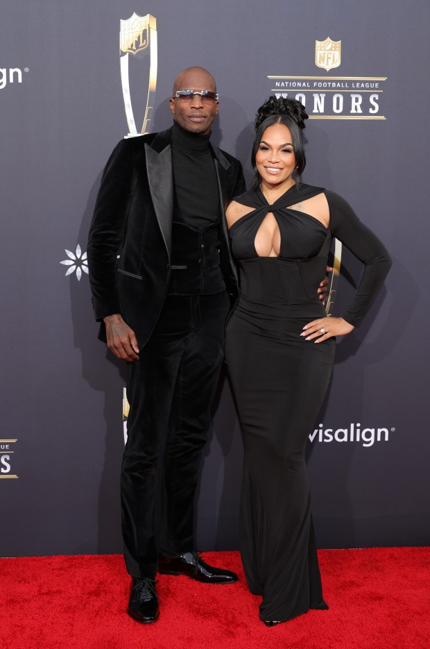 Chad "Ochocinco" Johnson and Sharelle Rosado attend the 13th annual NFL Honors at Resorts World Theatre on Feb. 8, 2024, in Las Vegas, Nev. (Ethan Miller/Getty Images)