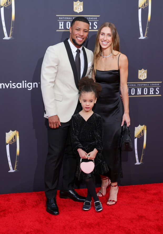 From left to right, Saquon Barkley, Jada Clare Barkley and Anna Congdon attend the 13th annual NFL Honors at Resorts World Theatre on Feb. 8, 2024, in Las Vegas, Nev. (Ethan Miller/Getty Images)