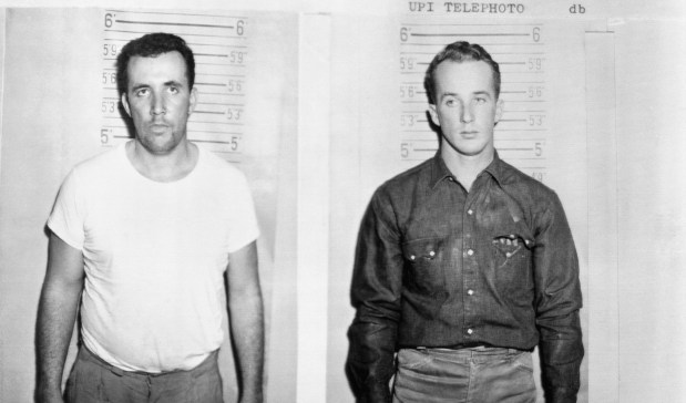 Arrested November 6th at Meadville, Mississippi, and charged with the murder of two African American civil rights workers, Charles Moore and Henry Dee, whose bodies were found in the Mississippi river last July were Charles Marcus Edwards, 31 (left), and James Ford Seale, 29. Authorities said Edwards was an "admitted" member of the Ku Klux Klan.