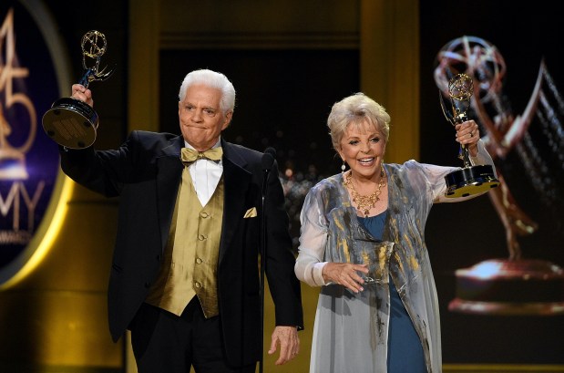Honorees Bill Hayes and Susan Seaforth Hayes accept the Lifetime Achievement Award onstage during the 45th annual Daytime Emmy Awards at Pasadena Civic Auditorium on April 29, 2018, in Pasadena, Calif. (Kevork Djansezian/Getty Images)