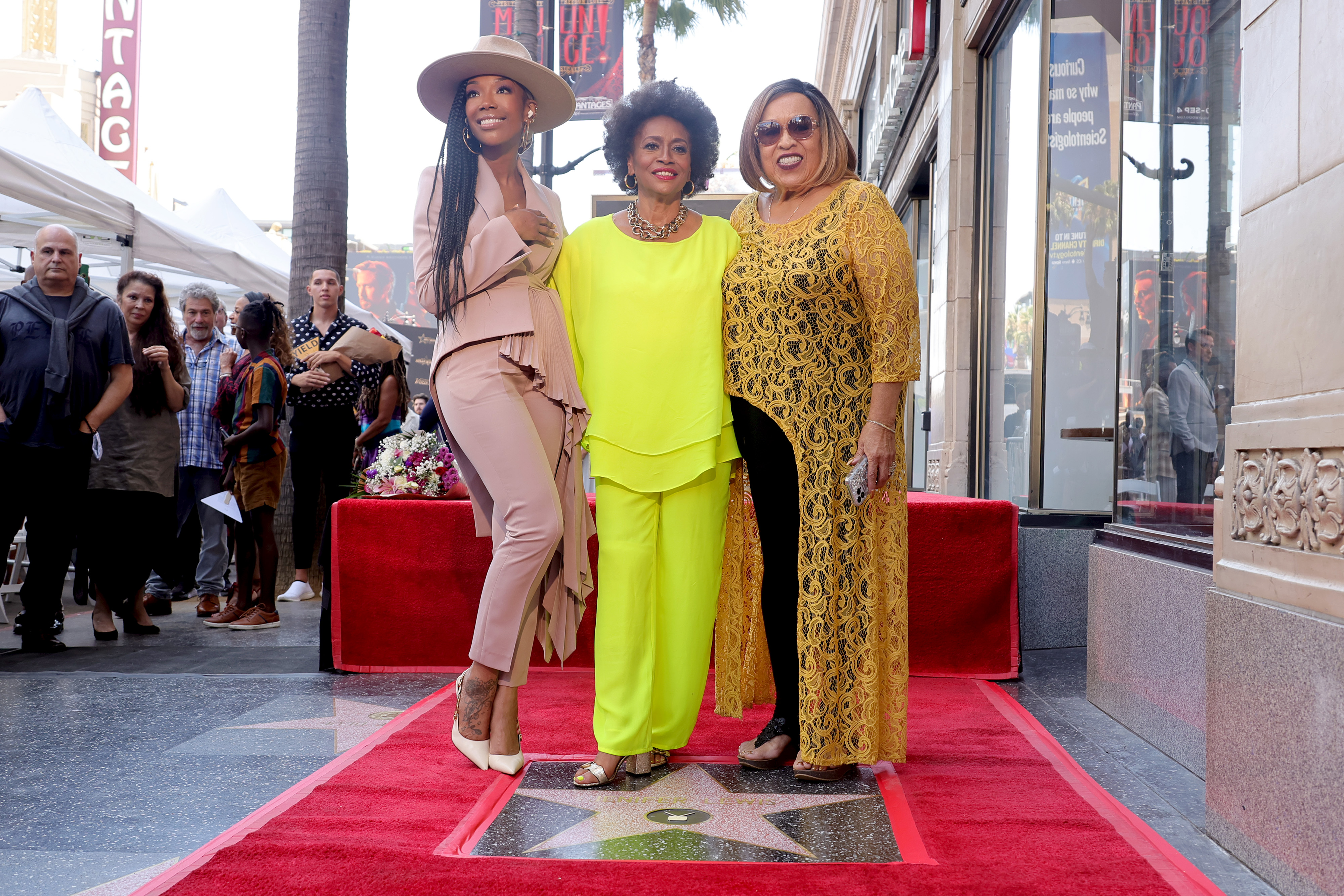 Brandy Norwood, left, Jenifer Lewis and Roz Ryan attend the Hollywood Walk of Fame Star Ceremony for Jenifer Lewis at Hollywood Walk of Fame on July 15, 2022 in Los Angeles, Calif.