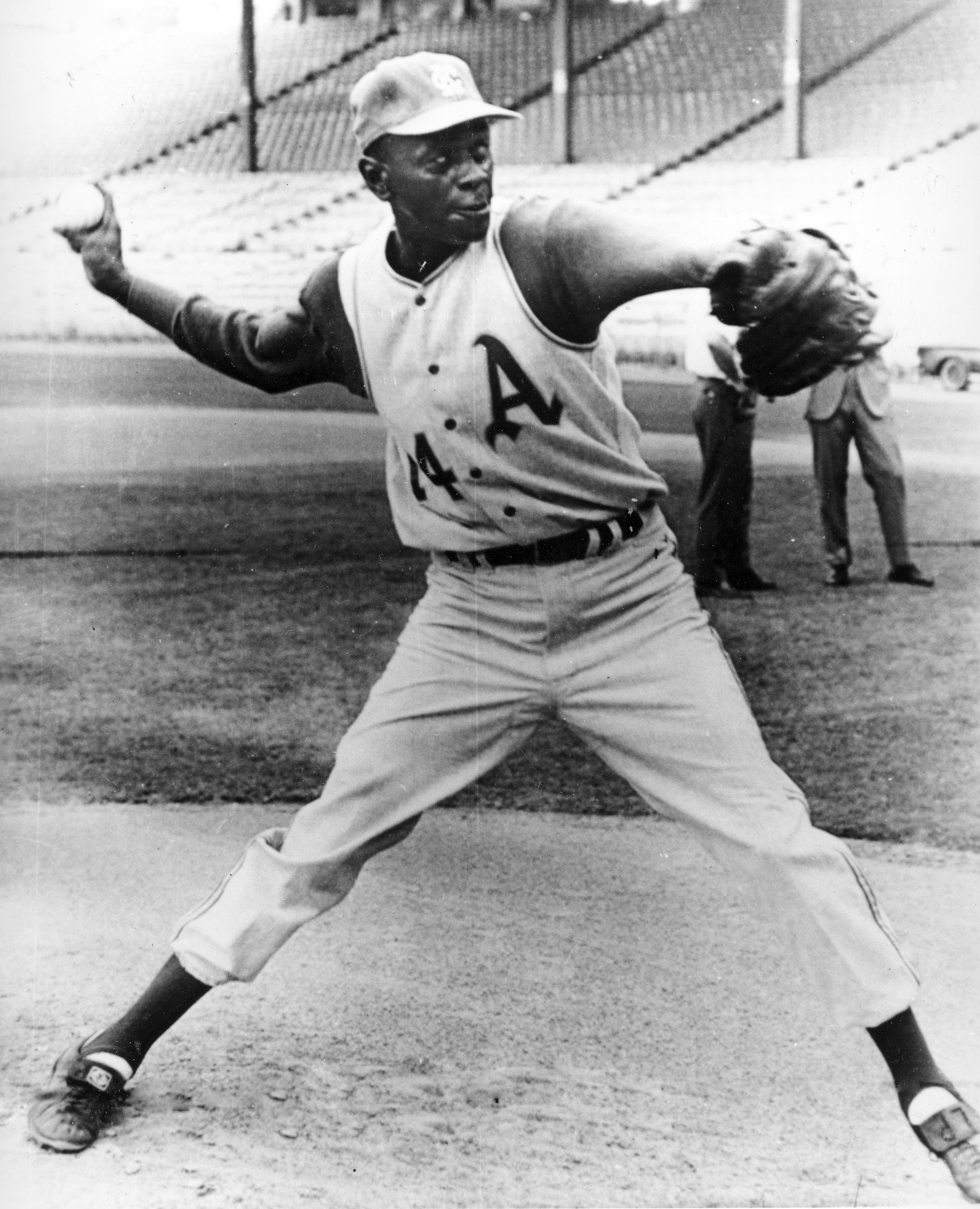 Satchel Paige (14), pitcher for the Kansas City Athletics, is shown during workout at the ball park in Kansas City, Mo. on Sept. 13, 1965. The Athletics were Paige's last MLB team during his career as a player.