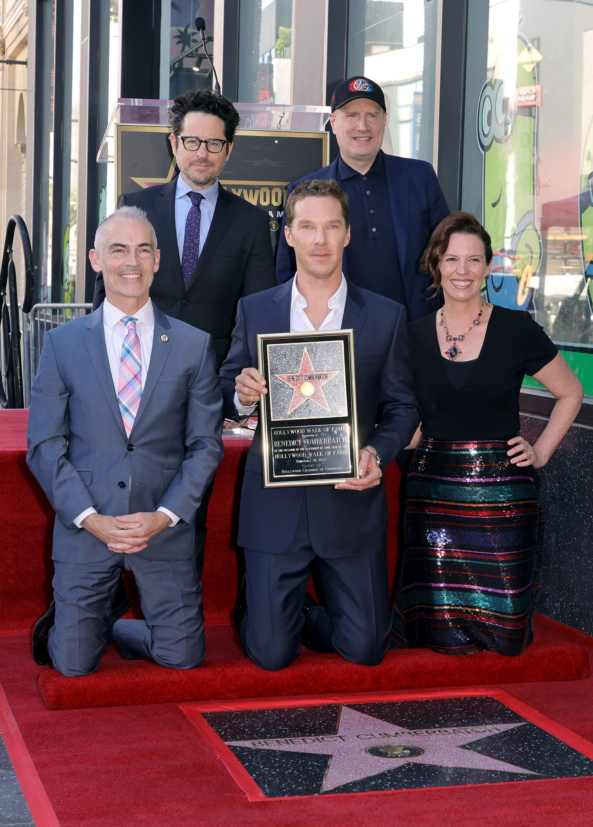 (L-R) Mitch O'Farrell, J. J. Abrams, Benedict Cumberbatch, Kevin Feige and Nicole Mihalka, Chair of the Hollywood Chamber of Commerce attend the Hollywood Walk of Fame Star Ceremony for Benedict Cumberbatch on Feb. 28, 2022, in Hollywood, Calif.