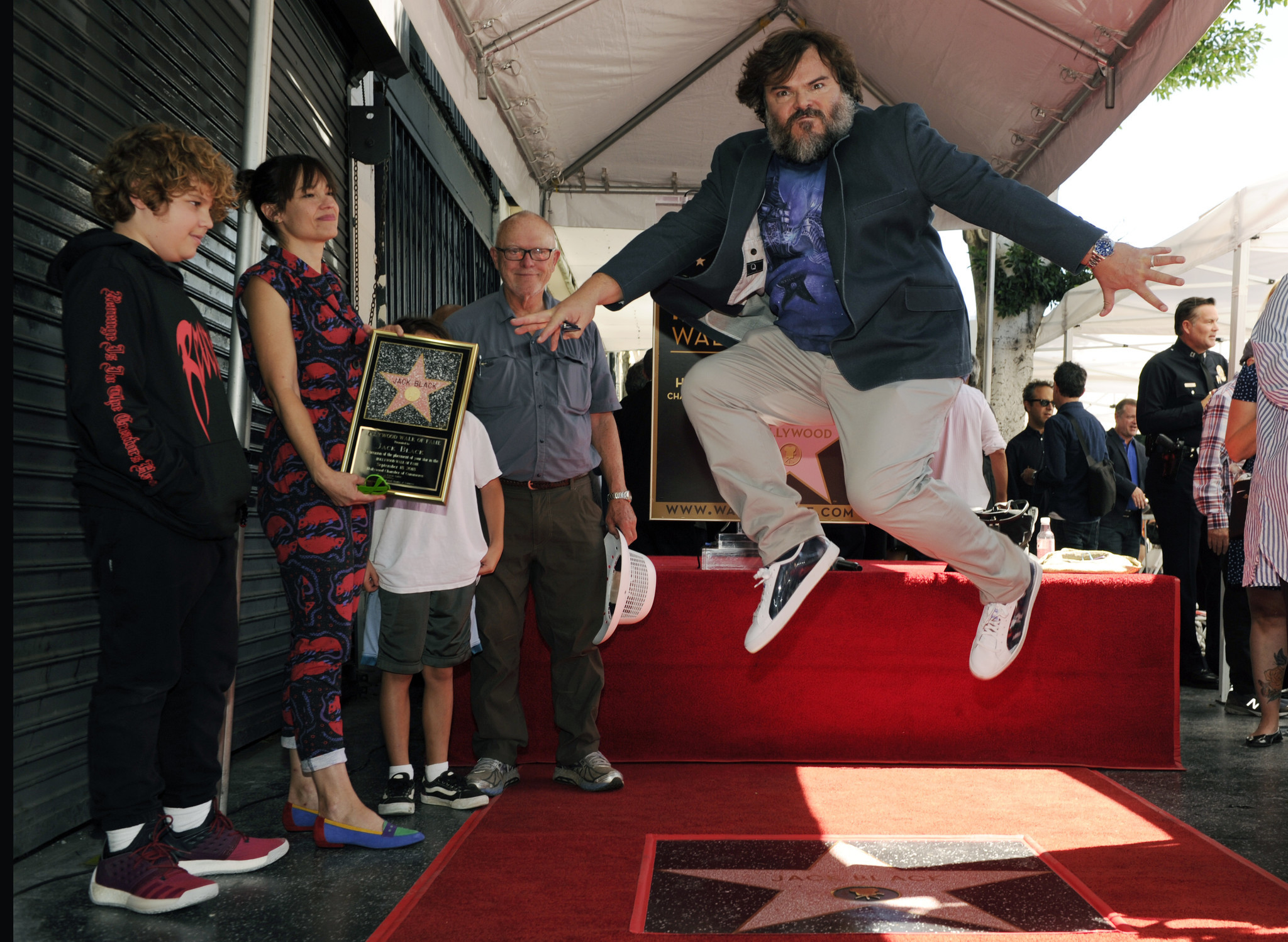 In classic Jack Black fashion, the actor was jumping for joy at this Hollywood Walk of Fame ceremony on Sept. 18, 2018. Black was joined by wife Tanya Haden, sons Sammy (l.) and Thomas, and dad Tom (back) for the photo op. His Tenacious D bandmate Kyle Gass was also present to praise his friend with congratulations.