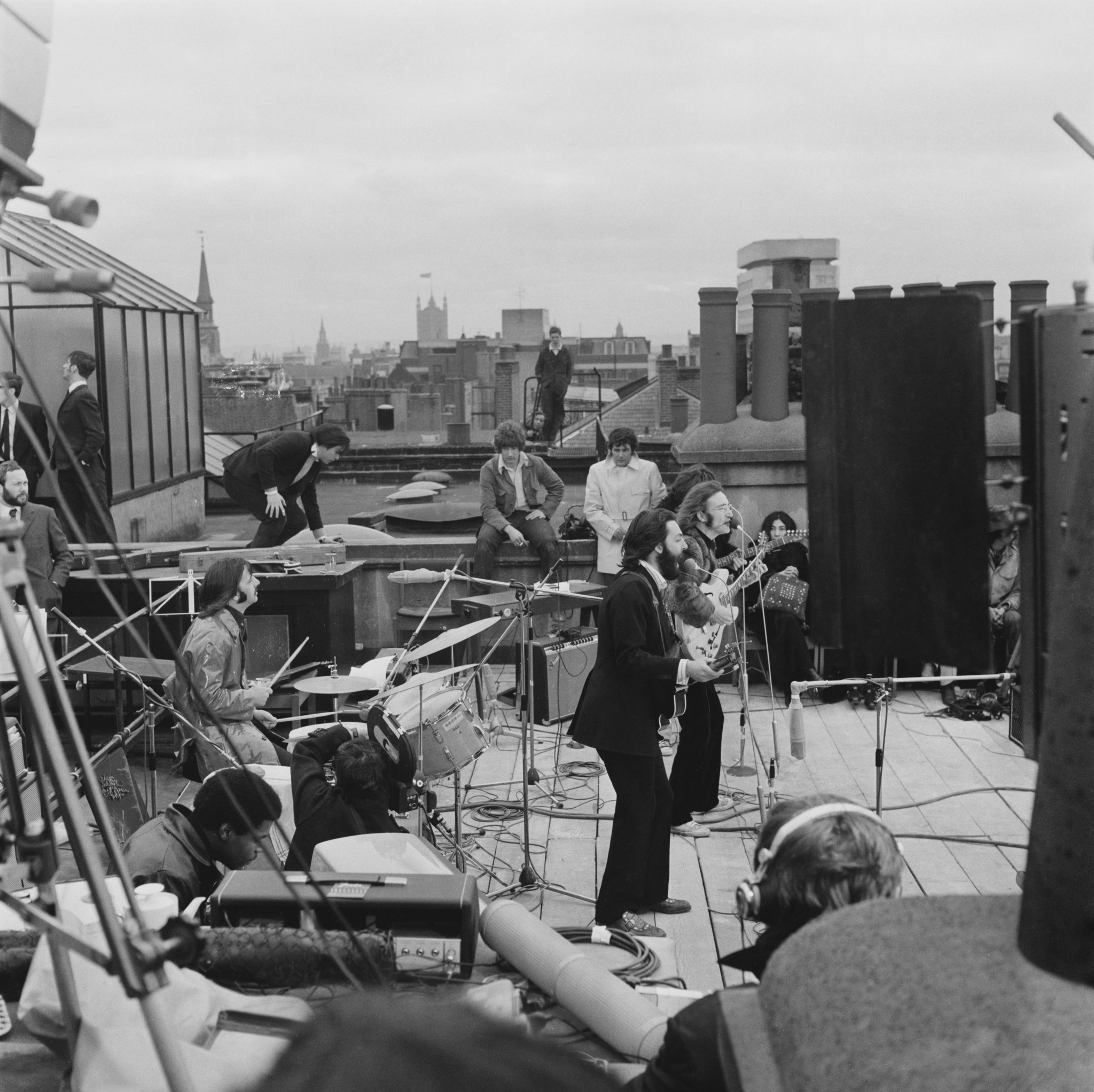 The Beatles perform their last live public concert on the rooftop of the Apple Organization building for director Michael Lindsey-Hogg's film documentary 