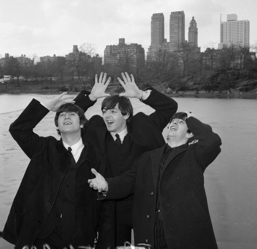 The Beatles (minus a sick George Harrison) were overwhelmed by the view of the New York City skyline seen from Central Park in February 1964. Harrison missed out on a day of fun and instead rested a sore throat.