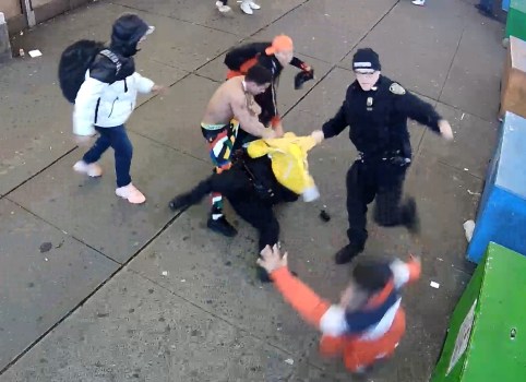 Video surveillance footage from the Times Square melee between a group of migrants and NYPD officers. (NYPD)
