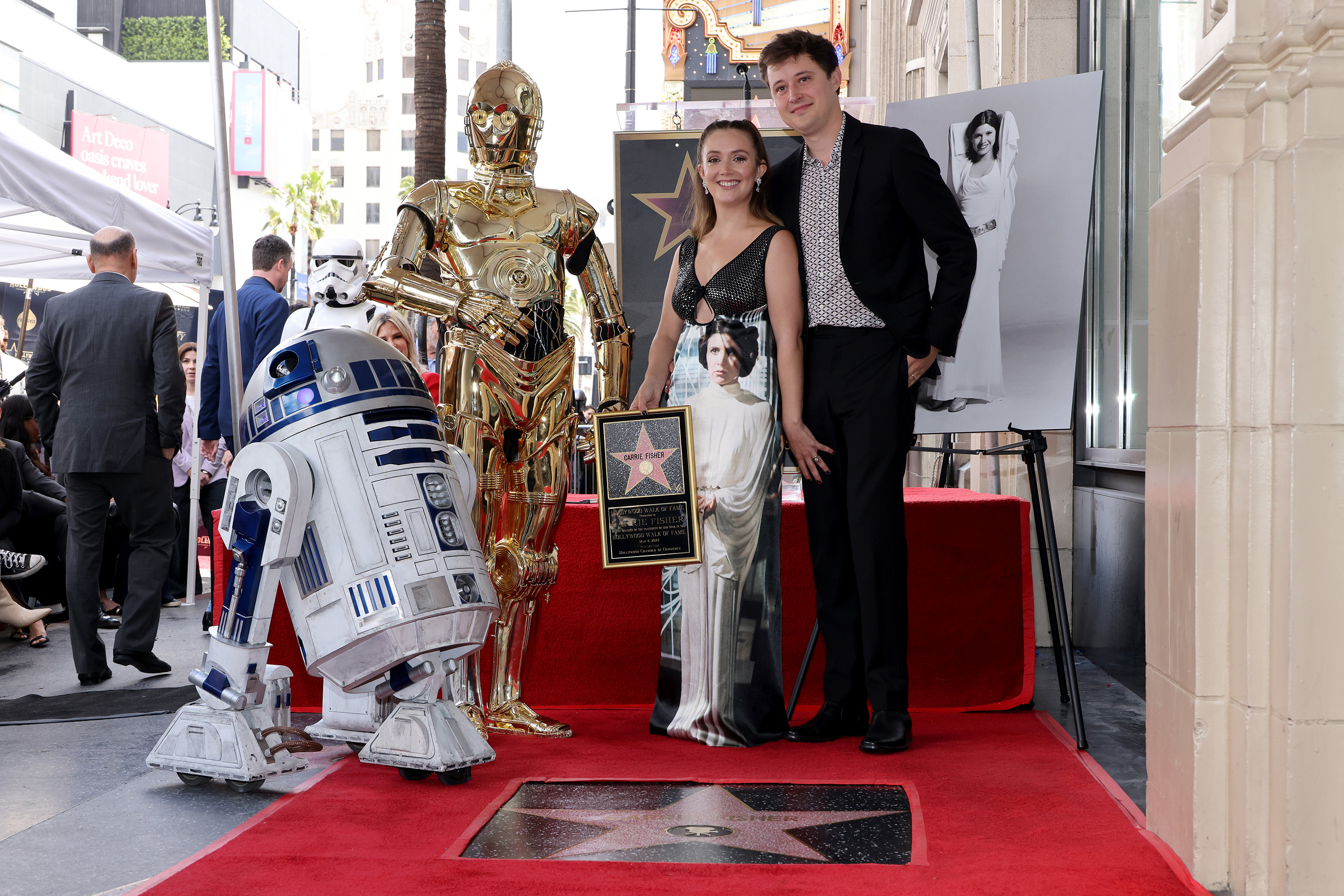(L-R) Billie Lourd and Austen Rydell attend the ceremony for Carrie Fisher being honored posthumously with a star on the Hollywood Walk of Fame on May 04, 2023, in Hollywood, Calif.