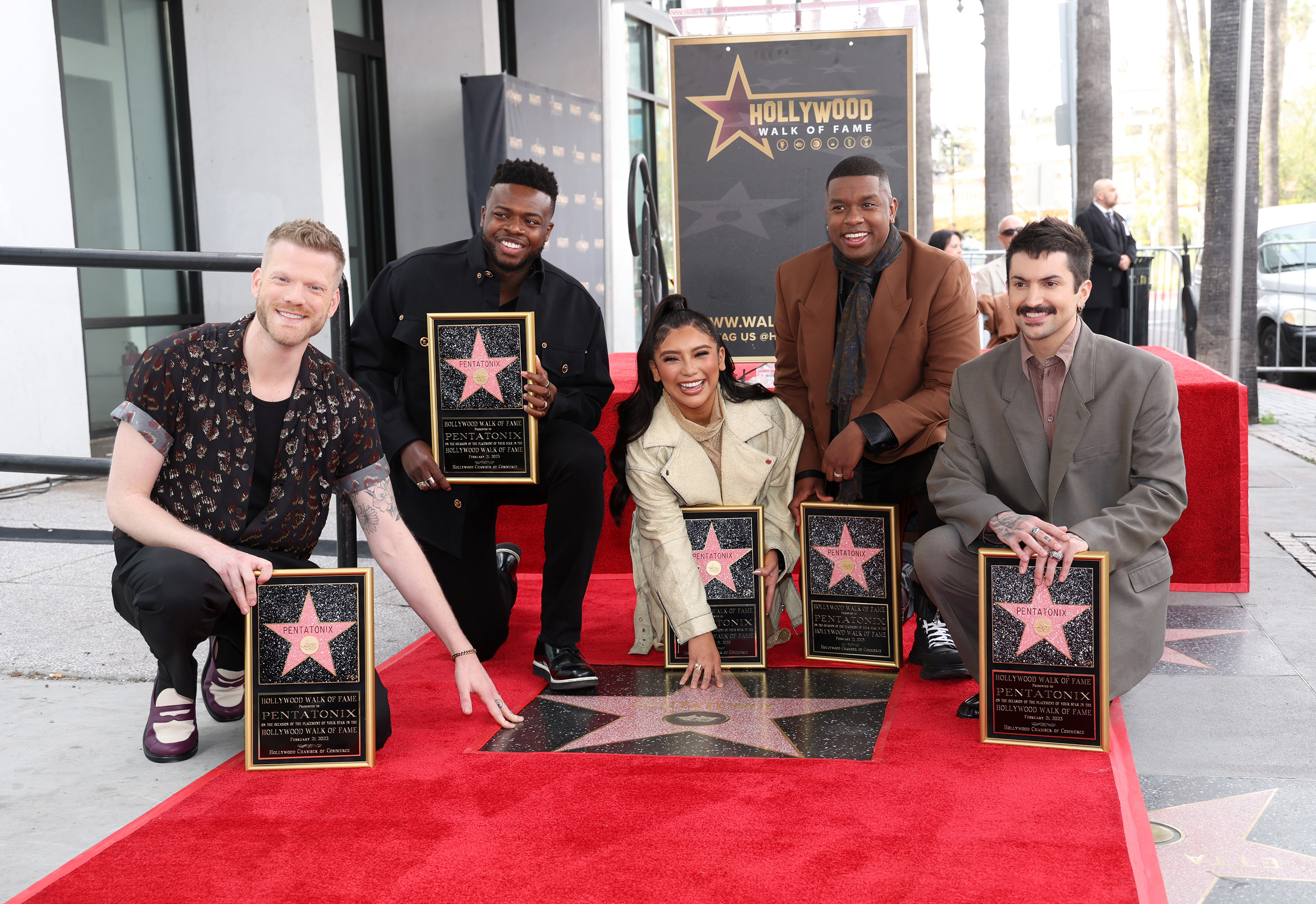 (L-R) Scott Hoying, Kevin Olusola, Kirstin Maldonado, Matt Sallee and Mitch Grassi of Pentatonix attend their star ceremony where Pentatonix is honored with a star on the Hollywood Walk of Fame on Feb. 21, 2023, in Hollywood, Calif.