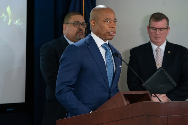 New York City Mayor Eric Adams speaks during a press conference announcing the indictment of seven individuals for their involvement in the assault on two NYPD officers in Times Square Thursday, Feb. 8, 2024 in Manhattan, New York. (Barry Williams for New Daily News)