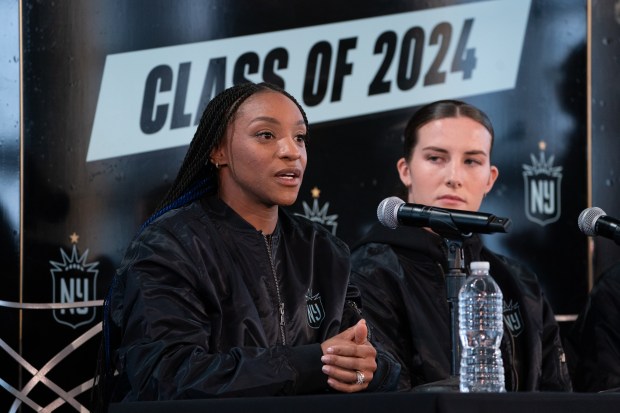 New Gotham FC player Crystal Dunn speaks to the media during an event at the Rainbow Room introducing new players Thursday, Jan. 19, 2024 in Manhattan, NewYork. (Barry Williams for New York Daily News)