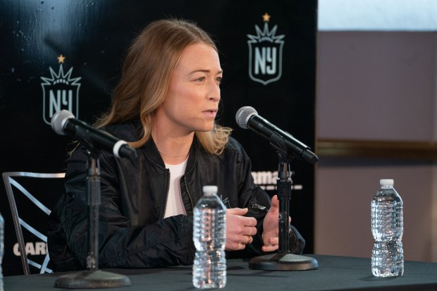 New Gotham FC player Emily Sonnett speaks to the media during an event at the Rainbow Room introducing new players Thursday, Jan. 19, 2024 in Manhattan, NewYork. (Barry Williams for New York Daily News)