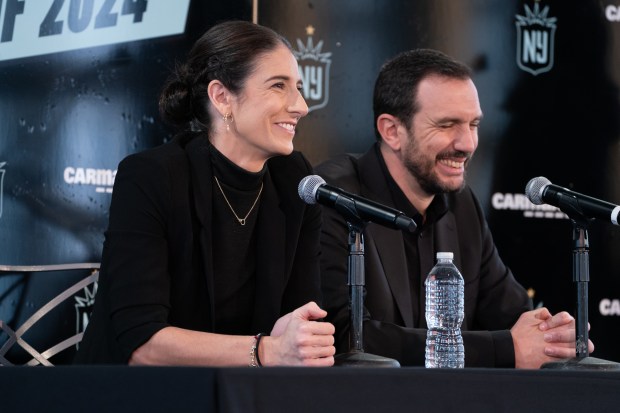(L-R) Yael Averbuch West, Gotham FC GM & Head of Soccer Operations, and Juan Carlos Amorós, Gotham FC Head Coach speak to the media during an event at the Rainbow Room introducing new players Thursday, Jan. 19, 2024 in Manhattan, NewYork. (Barry Williams for New York Daily News)