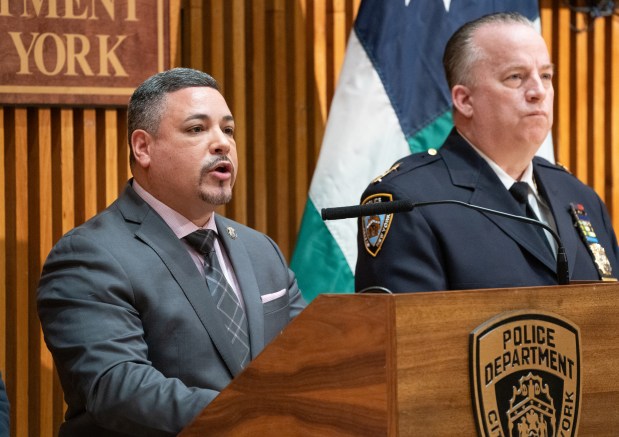 NYPD Commissioner Edward Caban speaks about capturing the 15-year-old migrant suspected of shooting a tourist and firing at a police officer in a robbery-gone-wrong in Times Square Friday, Feb. 9, 2024 in Manhattan, New York.  (Barry Williams for New Daily News)