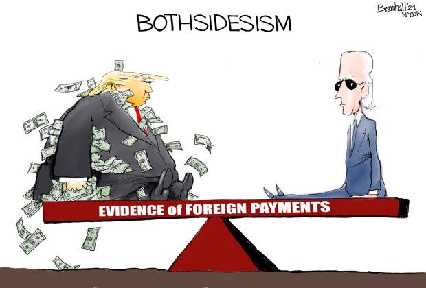 Bill Bramhall's editorial cartoon for Friday, Jan. 5, 2023, shows "Bothsidesism," with former President Donald Trump covered in money sitting opposite of President Joe Biden as they sit on a platform titled, "Evidence of foreign payments."
