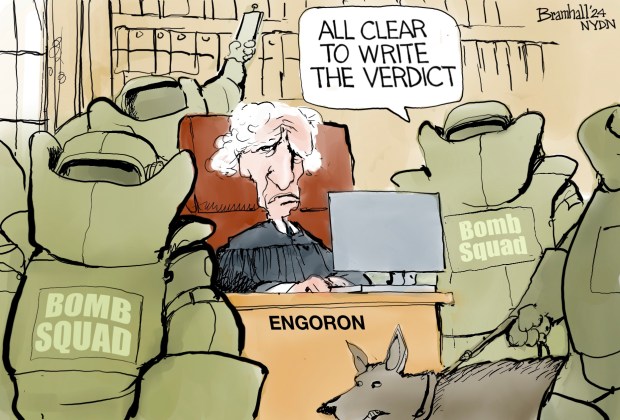 Bill Bramhall's editorial cartoon for Friday, Jan. 12, 2024, shows Judge Arthur Engoron at his desk, surrounded by the bomb squad, as one officer says, "All clear to write the verdict."