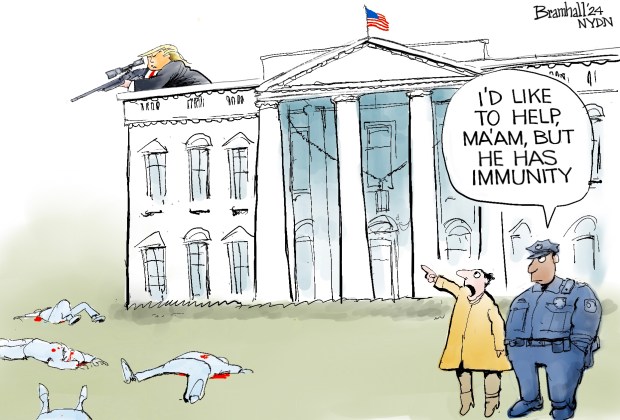 Bill Bramhall's editorial cartoon for Friday, Jan. 19, 2024, shows former President Donald Trump with a gun atop the White House with bloody bodies on the ground below with a police officer saying to a bystander, "I'd like to help, ma'am, but he has immunity."