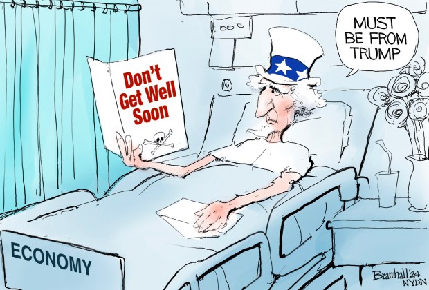 Bill Bramhall's editorial cartoon for Friday, Jan. 26, 2024, shows Uncle Sam saying, "Must be from Trump," while reading a "Don't Get Well Soon" card in a hospital bed titled, "Economy."