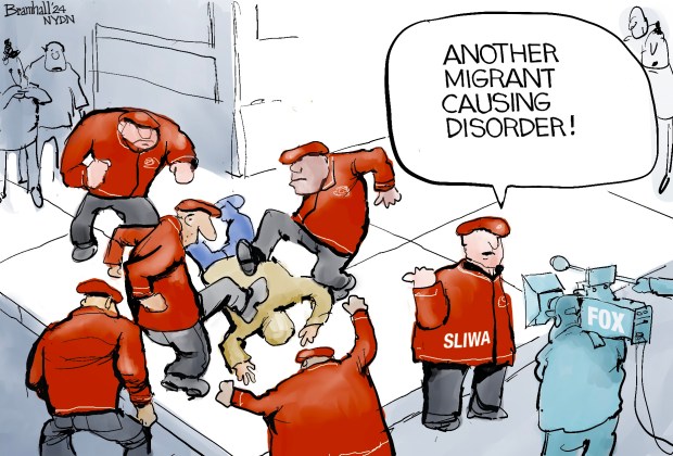 Bill Bramhall's editorial cartoon for Friday, Feb. 9, 2024, shows Curtis Sliwa saying, "Another migrant causing disorder!" to a FOX cameraman as a fight breaks out behind Sliwa.