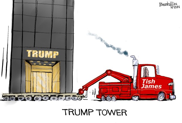 Bill Bramhall's editorial cartoon for Thursday, Feb. 1, 2024, shows New York State Attorney General Tish James in a tow truck, pulling the Trump Tower behind her.