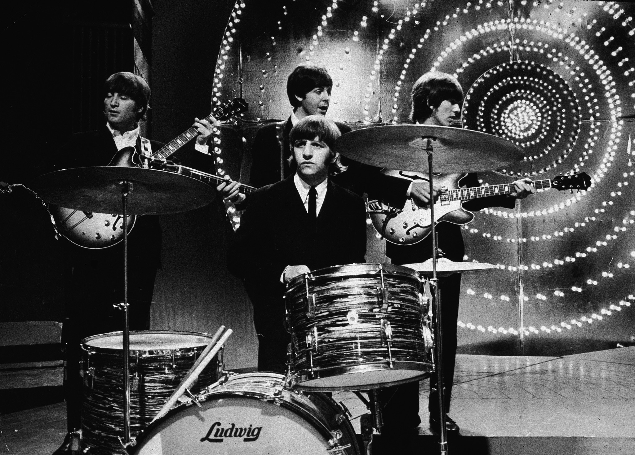 The Beatles perform live on stage at the BBC TV Centre on June 1, 1966.
